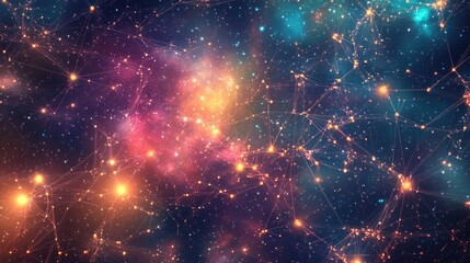 Fototapeta premium Beautiful and colorful digital network of glowing nodes and intricate connections, set against a starry cosmic background