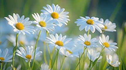 A field with blooming white daisies in the sunlight. Fresh spring or summer flowers. Nature background. Illustration for banner, postcard, greeting card, postcard, poster, cover or presentation.
