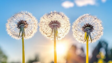 Obraz premium Three dandelion flowers with fluffy seeds. Dandelion Field. Illustration for cover, card, postcard, interior design, decor, packaging, invitations or print.