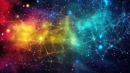 Fototapeta premium Colorful digital network with glowing nodes and detailed connections, set against a deep cosmic background filled with stars