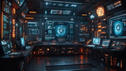 Obraz premium A computer room with many monitors and a large glowing orb in the center