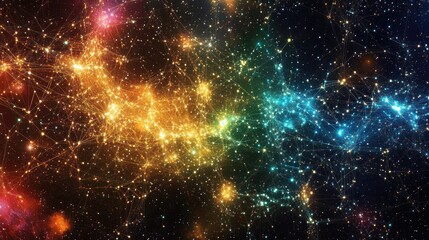 Obraz premium Colorful digital network with glowing nodes and intricate connections, displayed on a deep cosmic background filled with stars