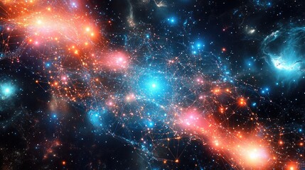 Obraz premium Stunning digital network with intricate glowing nodes, set on a cosmic background filled with stars, creating a vibrant visual