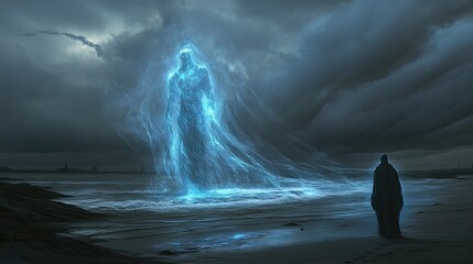 Silhouette of a man on the coast and in front of him a huge ghostly figure in the sea in the form of a blue etheric glow. Contact of a man and a mythical fairy tale character. An ectoplasmic creature.