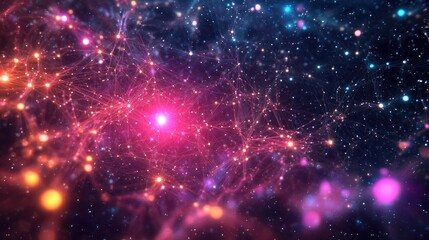 Obraz premium Vibrant digital visual showcasing glowing nodes and intricate network connections, set against a deep cosmic starry backdrop