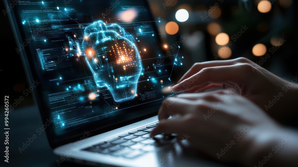 Poster man using laptop for searching of technology smart open ai or artificial intelligence using an artif