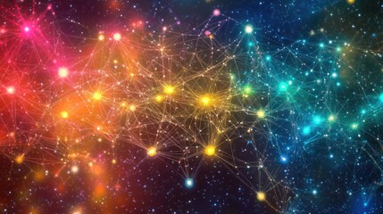 Obraz premium A colorful digital network with glowing nodes and intricate connections, set against a cosmic background with twinkling stars