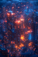 Fototapeta premium A cityscape with buildings lit up in neon colors
