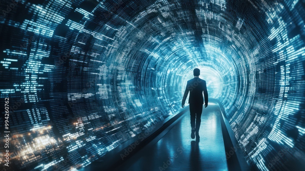 Poster man walking in futuristic technology tunnel with computer code