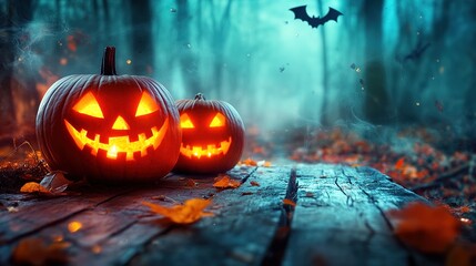 Spooky halloween pumpkins in forest. Scary halloween background with free space for text. Jack-o-lantern on a wooden table