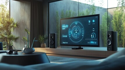 A smart home entertainment system with voice-activated controls, a large flat-screen TV, and integrated speakers