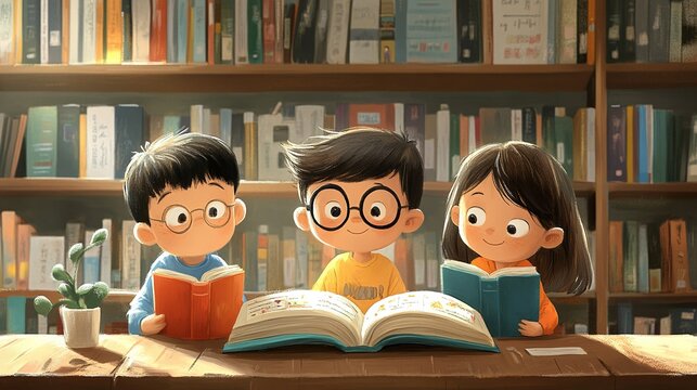 library adventure with children exploring shelves of books encouraging learning, imagination, and community engagement in a warm environment