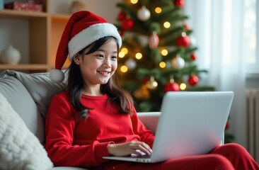 A happy girl in a New Year's Santa Claus costume orders gifts online, Christmas 2025