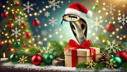 Obraz premium Cobra with Santa hat emerging from a gift box under Christmas lights