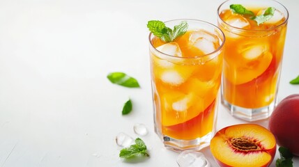 Summer cold peach fizz cocktail or iced tea with mint. Two glasses with peach lemonade on white background. Summer refreshing drink recipe. Homemade fruit tea with ice. Restaurant menu. Copy space 