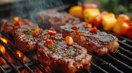 Delicious juicy meat grilling on barbecue grill for summer meal