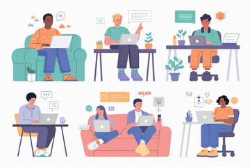 Diverse people working remotely, using laptops and smartphones, business and technology concept