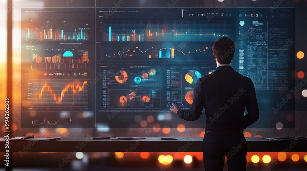Poster person presenting and evaluating data chart - illustration created with generative ai