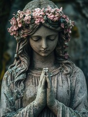 Fototapeta premium Weathered stone angel statue holding hands in prayer wearing crown of flowers