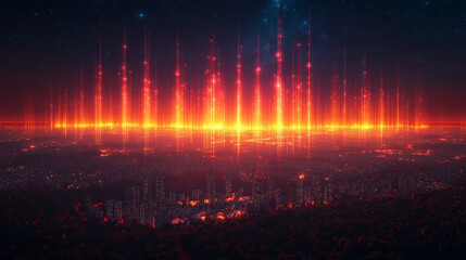 Obraz premium A cityscape with a red sky and orange lights