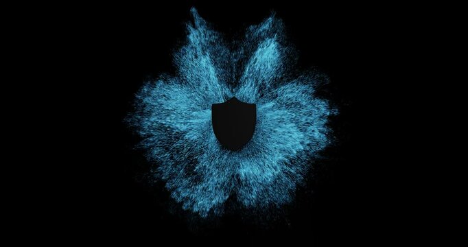 A black shield, enveloped by a swirling surge of blue particles, offers 12 unique VFX options. Symbolizes protection, resilience, and adaptability.
