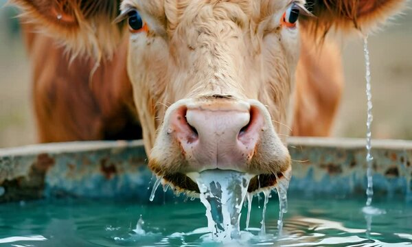 A cow quenching its thirst at a serene water trough on a sunny farm day