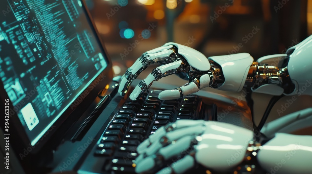 Poster robot hand typing on the computer. the concept of artificial intelligence replacing a human in deali
