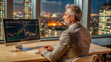 Fototapeta premium Thoughtful businessman analyzing financial charts on computer screen with night city lights backdrop