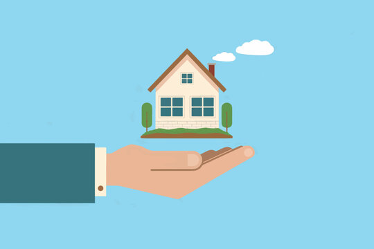 Hand holding a house, property and investment concept.