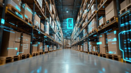 Smart warehouse management system using augmented reality technology to identify package picking and delivery . Future concept of supply chain and logistic business