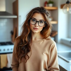 a woman wearing glasses and a sweater stands in a kitchen