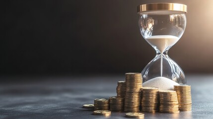 Time and money concept with hourglass and increasing coin stacks on a neutral background. Financial planning and investment theme for presentations and web design