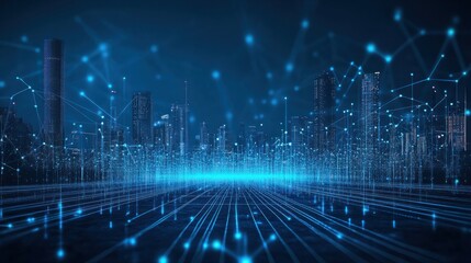 traffic in the city, Business graph waves and technology graph, Abstract blue technology background with a cyber network grid and connected particles, digital connectivity with abstract, Ai.