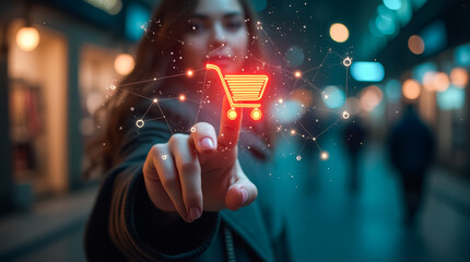 In a vibrant urban setting at night, a woman uses her finger to interact with a glowing digital shopping cart icon, highlighting the integration of technology in shopping experiences