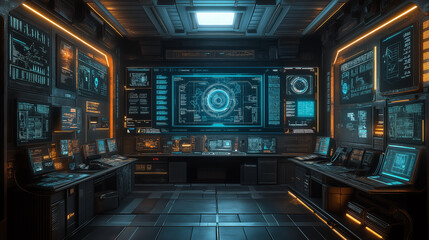 Fototapeta premium A futuristic room with many computer monitors and a large screen