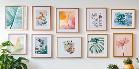 a wall in bright room full of framed art with plants on the floor