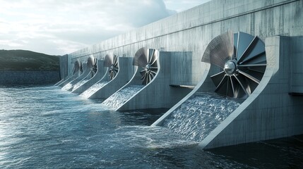 modern hydroelectric facility with a water storage dam and advanced propeller technology, generating clean and renewable energy efficiently