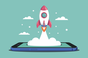Rocket taking off from a cell phone, technology and startup concept.