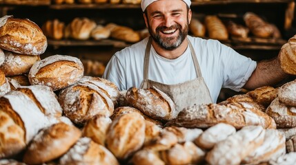 The photo shows a jovial chef in a bustling bakery, surrounded by an impressive display of freshly baked, crusty bread, ready to serve eager customers.