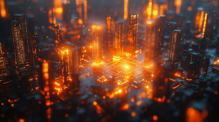 Fototapeta premium A cityscape with buildings lit up in orange and yellow