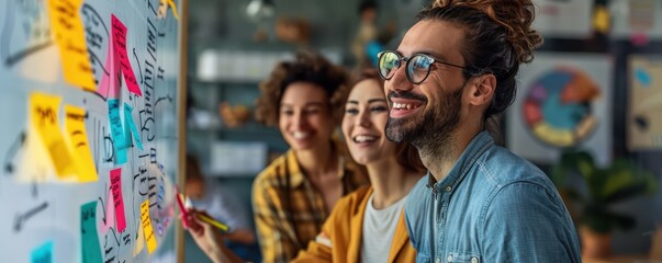 Focused team collaborating on brainstorming session, using sticky notes on a whiteboard.