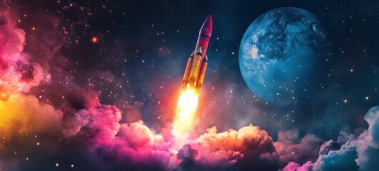 A colorful rocket launching upwards, leaving a trail of stars and smoke, with a planet in the background, representing ambition and the pursuit of greatness