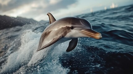 Naklejka premium A vibrant dolphin leaps effortlessly from the ocean waves against a sunrise backdrop, embodying the freedom and joy of marine life. It portrays exuberance and natural beauty.