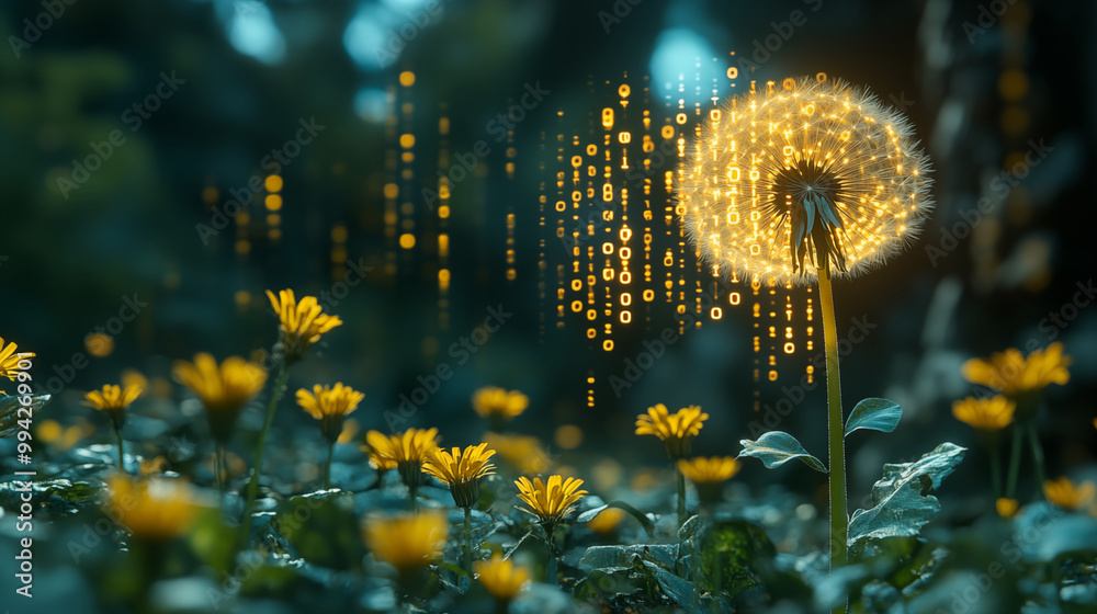 Wall mural dandelion with digital binary code, nature meets technology concept
