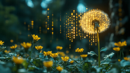 Dandelion with digital binary code, nature meets technology concept