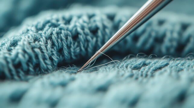 In this image, a close-up of a needle threading through blue knitted fabric is presented, highlighting the intricacy and skillfulness involved in the knitting craft.