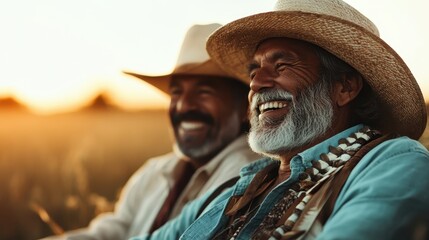 Fototapeta premium Two men with cowboy hats are seated in a field, enjoying the tranquil and serene view of the sunset together, symbolizing peace and companionship.