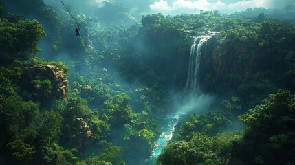 Fototapeta premium Aerial View of a Waterfall and Jungle Canopy in a Lush Tropical Rainforest