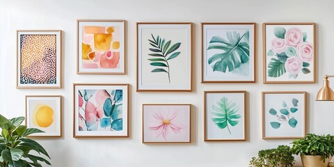 a wall in bright room full of framed art with plants on the floor