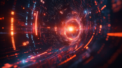 Obraz premium A computer generated image of a tunnel with a bright orange light at the end